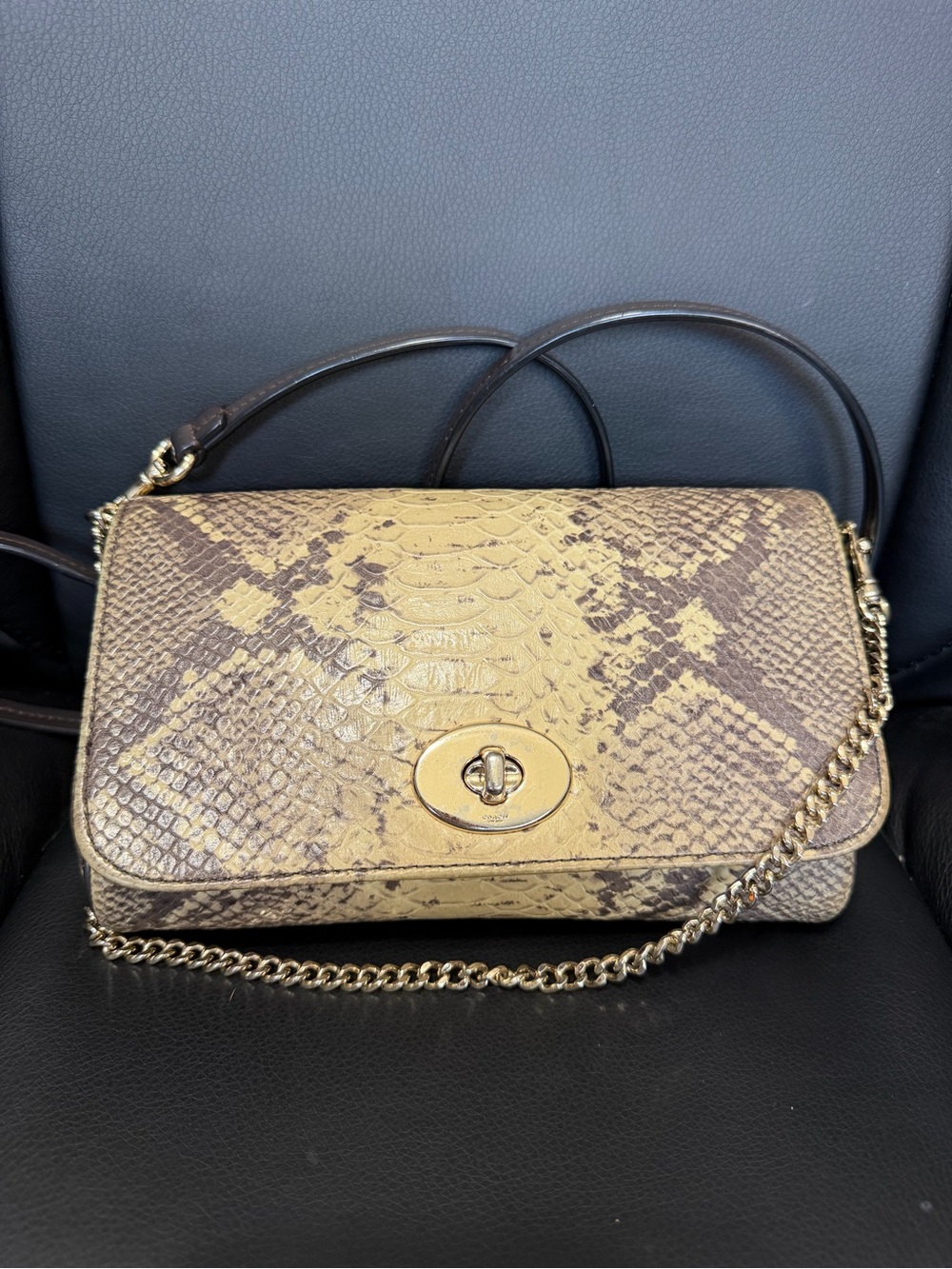 Coach snake skin print bag with gold hardware, dark brown leather strap